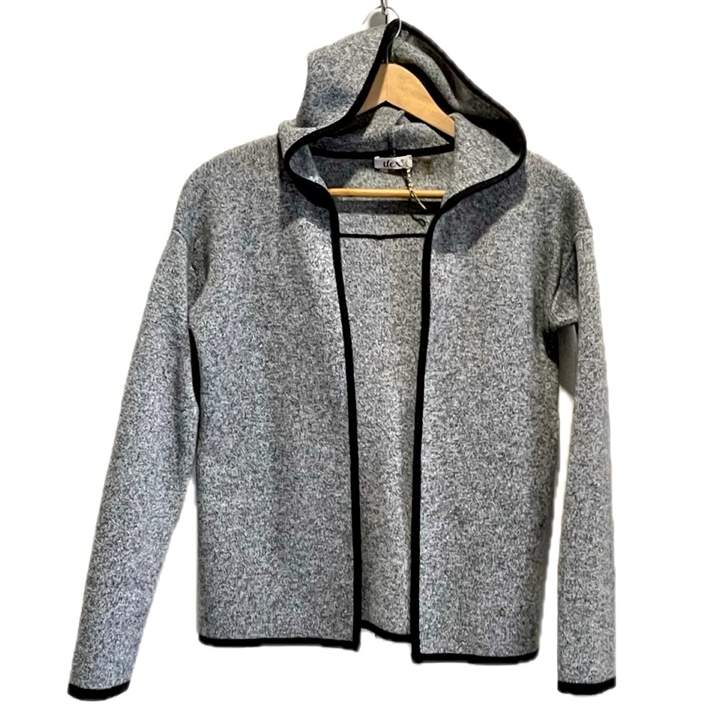 Sz.M/L-NWOT- DEX- Hooded Open Cardigan Grey w/Black Trim.